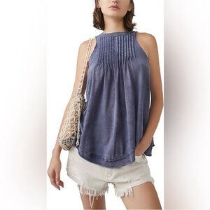 Free People We The Free Go To Town Tank Tempest Slate Pleated Cotton Top M